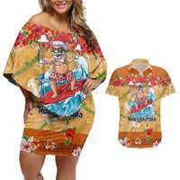 Hawaii Mele Kalikimaka Couples Matching Off Shoulder Short Dress and Hawaiian Shirt Funny Santa Claus Surfing on Tropical Plants - Polynesian Pride