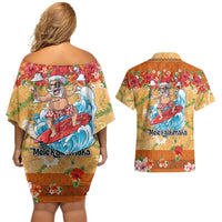 Hawaii Mele Kalikimaka Couples Matching Off Shoulder Short Dress and Hawaiian Shirt Funny Santa Claus Surfing on Tropical Plants - Polynesian Pride