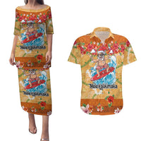 Hawaii Mele Kalikimaka Couples Matching Puletasi and Hawaiian Shirt Funny Santa Claus Surfing on Tropical Plants - Polynesian Pride