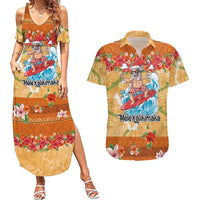 Hawaii Mele Kalikimaka Couples Matching Summer Maxi Dress and Hawaiian Shirt Funny Santa Claus Surfing on Tropical Plants - Polynesian Pride