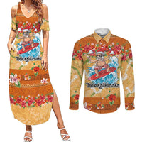 Hawaii Mele Kalikimaka Couples Matching Summer Maxi Dress and Long Sleeve Button Shirt Funny Santa Claus Surfing on Tropical Plants LT03 Multicolor - Polynesian Pride