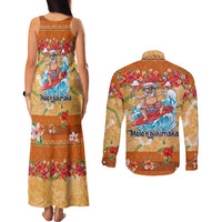 Hawaii Mele Kalikimaka Couples Matching Tank Maxi Dress and Long Sleeve Button Shirt Funny Santa Claus Surfing on Tropical Plants - Polynesian Pride