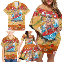 Hawaii Mele Kalikimaka Family Matching Off Shoulder Short Dress and Hawaiian Shirt Funny Santa Claus Surfing on Tropical Plants - Polynesian Pride