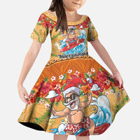 Hawaii Mele Kalikimaka Family Matching Puletasi and Hawaiian Shirt Funny Santa Claus Surfing on Tropical Plants LT03 Daughter's Dress Multicolor - Polynesian Pride