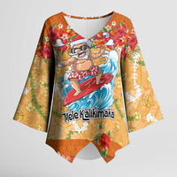 Hawaii Mele Kalikimaka Kimono Sleeve Blouse Funny Santa Claus Surfing on Tropical Plants - Polynesian Pride