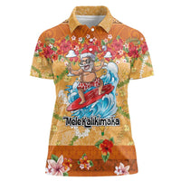 Hawaii Mele Kalikimaka Women Polo Shirt Funny Santa Claus Surfing on Tropical Plants LT03 Female Multicolor - Polynesian Pride
