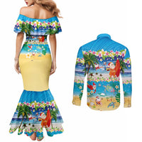 Polynesian Merry Christmas Couples Matching Mermaid Dress and Long Sleeve Button Shirt Funny Santa Beach Tropical Plant and Turtle - Polynesian Pride