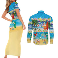 Polynesian Merry Christmas Couples Matching Short Sleeve Bodycon Dress and Long Sleeve Button Shirt Funny Santa Beach Tropical Plant and Turtle LT03 - Polynesian Pride