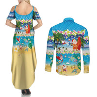 Polynesian Merry Christmas Couples Matching Summer Maxi Dress and Long Sleeve Button Shirt Funny Santa Beach Tropical Plant and Turtle LT03 - Polynesian Pride
