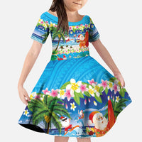 Polynesian Merry Christmas Family Matching Off The Shoulder Long Sleeve Dress and Hawaiian Shirt Funny Santa Beach Tropical Plant and Turtle LT03 Daughter's Dress Multicolor - Polynesian Pride