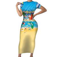 Polynesian Merry Christmas Family Matching Short Sleeve Bodycon Dress and Hawaiian Shirt Funny Santa Beach Tropical Plant and Turtle LT03 Mom's Dress Multicolor - Polynesian Pride