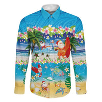 Polynesian Merry Christmas Family Matching Summer Maxi Dress and Hawaiian Shirt Funny Santa Beach Tropical Plant and Turtle LT03 Dad's Shirt - Long Sleeve Multicolor - Polynesian Pride