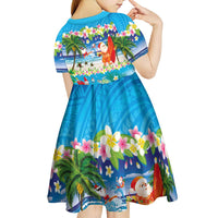 Polynesian Merry Christmas Kid Short Sleeve Dress Funny Santa Beach Tropical Plant and Turtle - Polynesian Pride