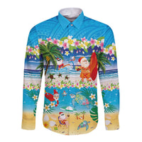 Polynesian Merry Christmas Long Sleeve Button Shirt Funny Santa Beach Tropical Plant and Turtle - Polynesian Pride