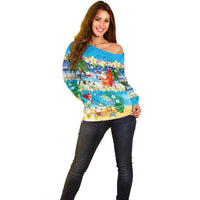 Polynesian Merry Christmas Off Shoulder Sweater Funny Santa Beach Tropical Plant and Turtle - Polynesian Pride