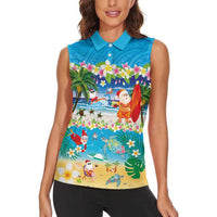 Polynesian Merry Christmas Women Sleeveless Polo Shirt Funny Santa Beach Tropical Plant and Turtle - Polynesian Pride