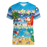Polynesian Merry Christmas Women V-Neck T-Shirt Funny Santa Beach Tropical Plant and Turtle LT03 Female Multicolor - Polynesian Pride