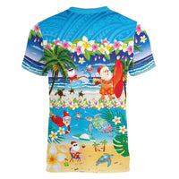 Polynesian Merry Christmas Women V-Neck T-Shirt Funny Santa Beach Tropical Plant and Turtle LT03 - Polynesian Pride