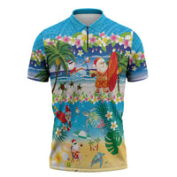 Polynesian Merry Christmas Zipper Polo Shirt Funny Santa Beach Tropical Plant and Turtle - Polynesian Pride