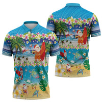 Polynesian Merry Christmas Zipper Polo Shirt Funny Santa Beach Tropical Plant and Turtle LT03 - Polynesian Pride
