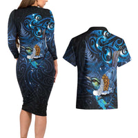 Aotearoa Matariki Couples Matching Long Sleeve Bodycon Dress and Hawaiian Shirt Maori Tribal with Silver Fern and Tui Bird Galaxy Style LT03 - Polynesian Pride