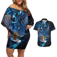 Aotearoa Matariki Couples Matching Off Shoulder Short Dress and Hawaiian Shirt Maori Tribal with Silver Fern and Tui Bird Galaxy Style LT03 Navy - Polynesian Pride