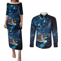 Aotearoa Matariki Couples Matching Puletasi and Long Sleeve Button Shirt Maori Tribal with Silver Fern and Tui Bird Galaxy Style LT03 Navy - Polynesian Pride