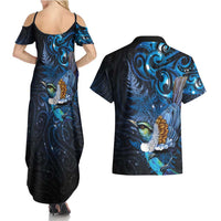 Aotearoa Matariki Couples Matching Summer Maxi Dress and Hawaiian Shirt Maori Tribal with Silver Fern and Tui Bird Galaxy Style LT03 - Polynesian Pride