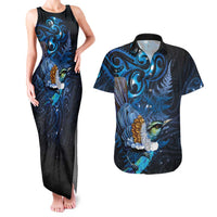 Aotearoa Matariki Couples Matching Tank Maxi Dress and Hawaiian Shirt Maori Tribal with Silver Fern and Tui Bird Galaxy Style LT03 Navy - Polynesian Pride