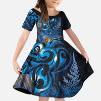 Aotearoa Matariki Family Matching Mermaid Dress and Hawaiian Shirt Maori Tribal with Silver Fern and Tui Bird Galaxy Style LT03 Daughter's Dress Navy - Polynesian Pride