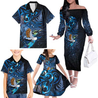 Aotearoa Matariki Family Matching Off The Shoulder Long Sleeve Dress and Hawaiian Shirt Maori Tribal with Silver Fern and Tui Bird Galaxy Style LT03 - Polynesian Pride