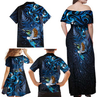Aotearoa Matariki Family Matching Off Shoulder Maxi Dress and Hawaiian Shirt Maori Tribal with Silver Fern and Tui Bird Galaxy Style LT03 - Polynesian Pride