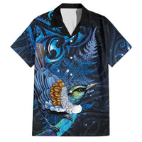 Aotearoa Matariki Family Matching Off Shoulder Maxi Dress and Hawaiian Shirt Maori Tribal with Silver Fern and Tui Bird Galaxy Style LT03 Dad's Shirt - Short Sleeve Navy - Polynesian Pride