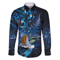 Aotearoa Matariki Family Matching Off Shoulder Maxi Dress and Hawaiian Shirt Maori Tribal with Silver Fern and Tui Bird Galaxy Style LT03 Dad's Shirt - Long Sleeve Navy - Polynesian Pride