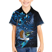 Aotearoa Matariki Family Matching Off Shoulder Maxi Dress and Hawaiian Shirt Maori Tribal with Silver Fern and Tui Bird Galaxy Style LT03 Son's Shirt Navy - Polynesian Pride