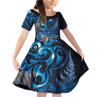 Aotearoa Matariki Family Matching Off Shoulder Short Dress and Hawaiian Shirt Maori Tribal with Silver Fern and Tui Bird Galaxy Style LT03 Daughter's Dress Navy - Polynesian Pride