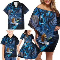 Aotearoa Matariki Family Matching Off Shoulder Short Dress and Hawaiian Shirt Maori Tribal with Silver Fern and Tui Bird Galaxy Style LT03 - Polynesian Pride