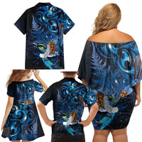 Aotearoa Matariki Family Matching Off Shoulder Short Dress and Hawaiian Shirt Maori Tribal with Silver Fern and Tui Bird Galaxy Style LT03 - Polynesian Pride