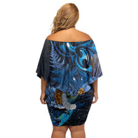 Aotearoa Matariki Family Matching Off Shoulder Short Dress and Hawaiian Shirt Maori Tribal with Silver Fern and Tui Bird Galaxy Style LT03 - Polynesian Pride