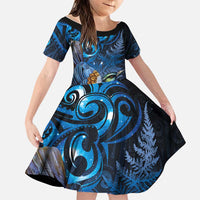 Aotearoa Matariki Family Matching Puletasi and Hawaiian Shirt Maori Tribal with Silver Fern and Tui Bird Galaxy Style LT03 Daughter's Dress Navy - Polynesian Pride