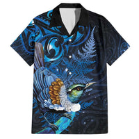 Aotearoa Matariki Family Matching Short Sleeve Bodycon Dress and Hawaiian Shirt Maori Tribal with Silver Fern and Tui Bird Galaxy Style LT03 Dad's Shirt - Short Sleeve Navy - Polynesian Pride