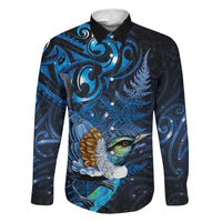 Aotearoa Matariki Family Matching Short Sleeve Bodycon Dress and Hawaiian Shirt Maori Tribal with Silver Fern and Tui Bird Galaxy Style LT03 Dad's Shirt - Long Sleeve Navy - Polynesian Pride