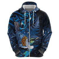 Aotearoa Matariki Hoodie Maori Tribal with Silver Fern and Tui Bird Galaxy Style - Polynesian Pride