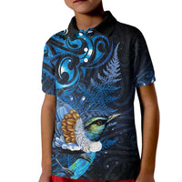 Aotearoa Matariki Kid Polo Shirt Maori Tribal with Silver Fern and Tui Bird Galaxy Style LT03 Kid Navy - Polynesian Pride