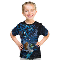 Aotearoa Matariki Kid T Shirt Maori Tribal with Silver Fern and Tui Bird Galaxy Style LT03 Navy - Polynesian Pride