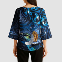 Aotearoa Matariki Kimono Sleeve Blouse Maori Tribal with Silver Fern and Tui Bird Galaxy Style - Polynesian Pride