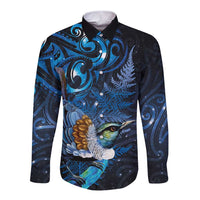 Aotearoa Matariki Long Sleeve Button Shirt Maori Tribal with Silver Fern and Tui Bird Galaxy Style - Polynesian Pride