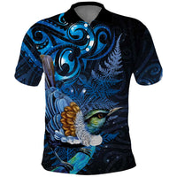 Aotearoa Matariki Polo Shirt Maori Tribal with Silver Fern and Tui Bird Galaxy Style LT03 Navy - Polynesian Pride