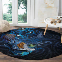 Aotearoa Matariki Round Carpet Maori Tribal with Silver Fern and Tui Bird Galaxy Style - Polynesian Pride