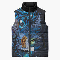 Aotearoa Matariki Sleeveless Puffer Jacket Maori Tribal with Silver Fern and Tui Bird Galaxy Style - Polynesian Pride